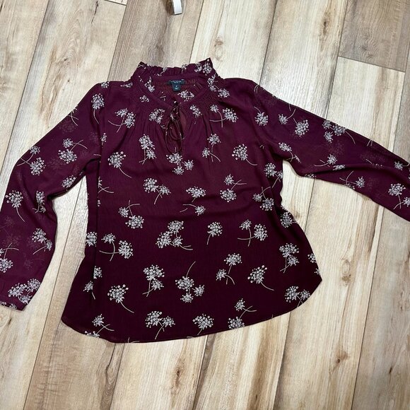 Ann Taylor Tie-Front Blouse – Burgundy with Ivory Florals | Medium Petite - Picture 9 of 9